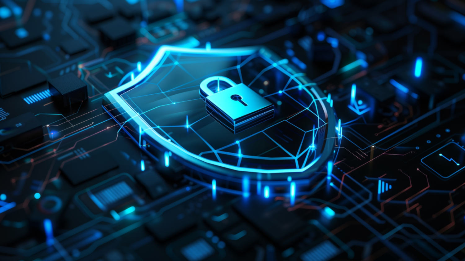 Cyber Resilience Act: Schutzschild mit Schloss auf einer Platine als Symbol für sichere Software und vernetzte Produkte